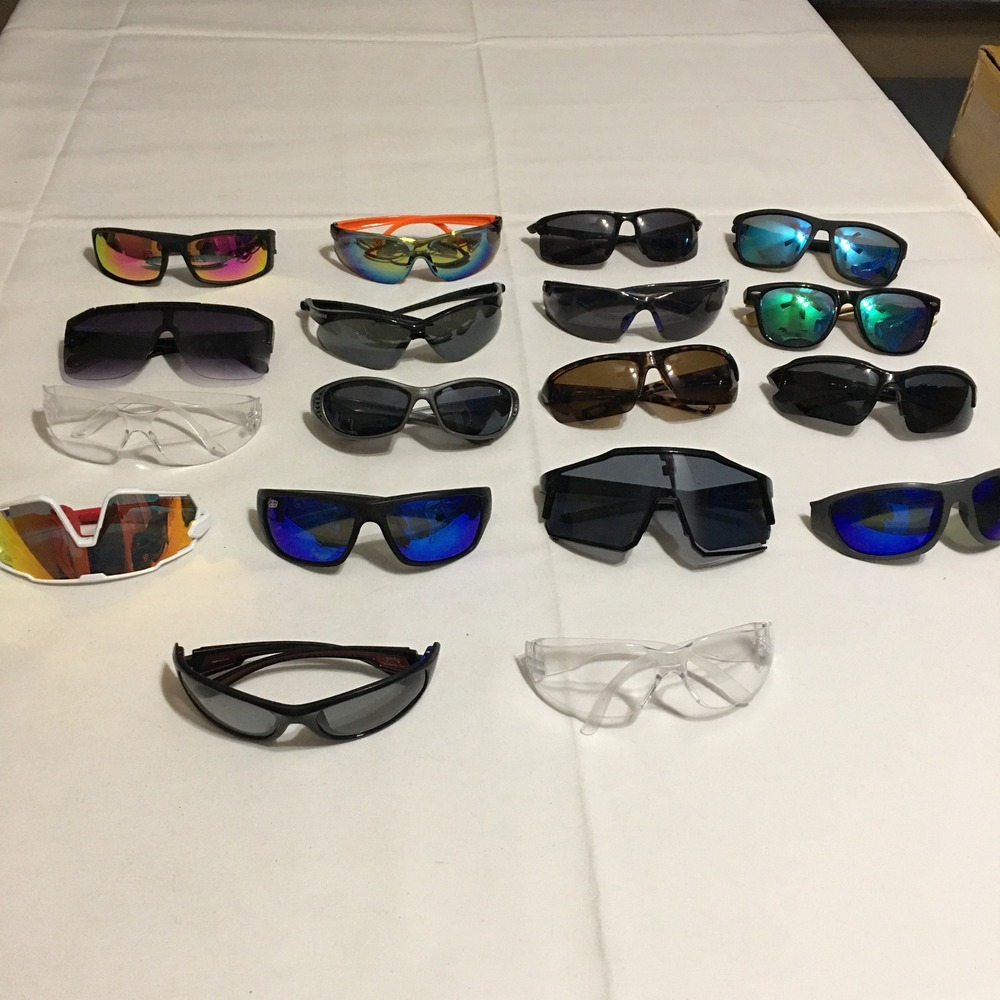 Lot of 18 Sunglasses Unisex OS Mixed Colors Sport Casual Shield Wrap